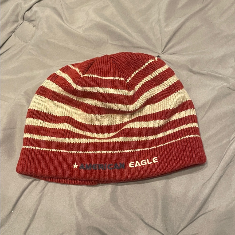 American Eagle Outfitters Red and White Striped Beanie